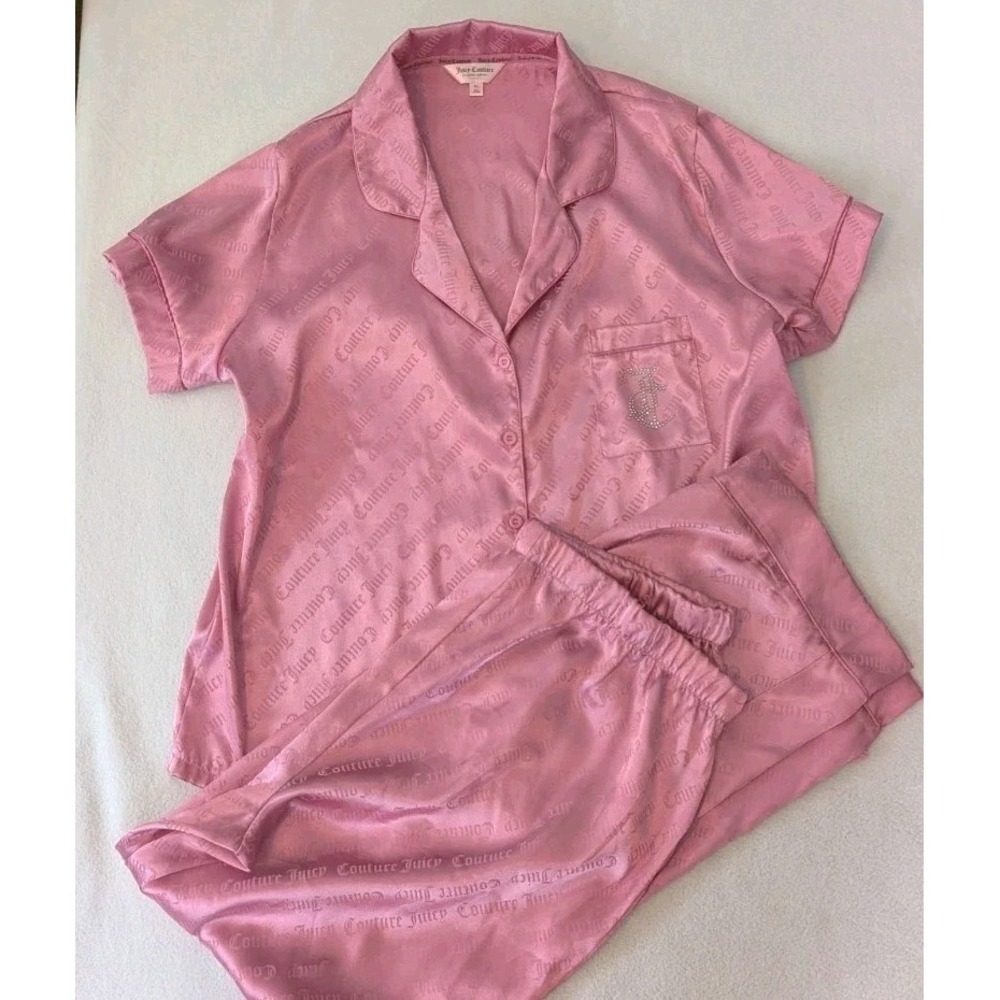 Juicy Couture Pajama Set XL Pink Logo Bling Pants Shirt Short Sleeve Satin Feel